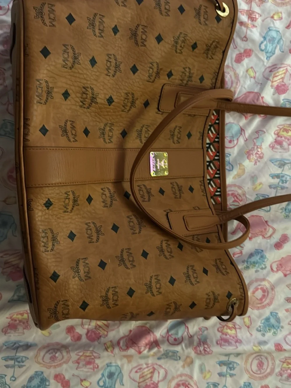 MCM Cognac Logo Visetos Tote with Gold Plate